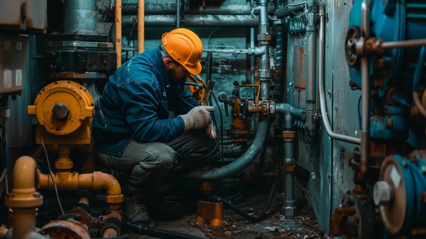 Technician in hard hat inspecting heating system components in a mechanical room, emphasizing emergency HVAC repair services for safety and efficiency.