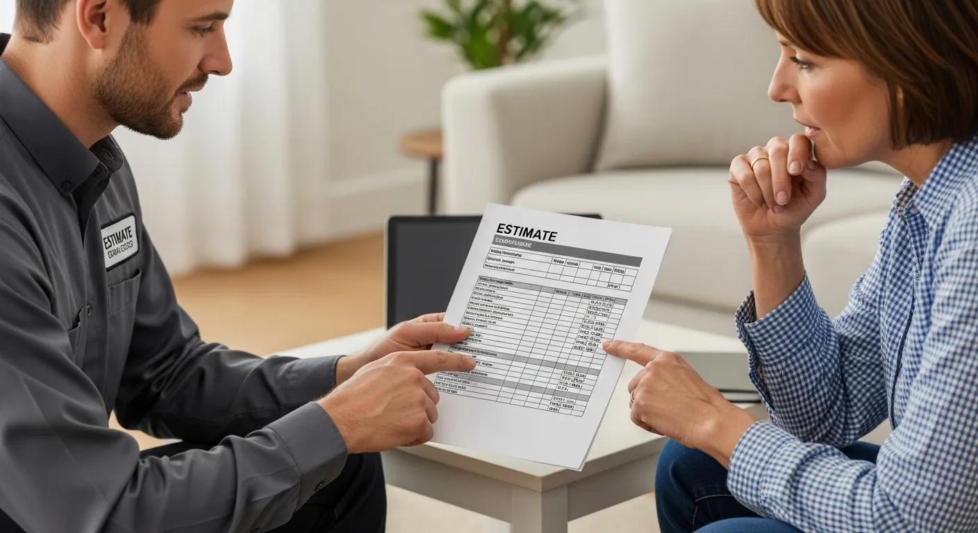 A technician reviewing a clear, itemized estimate with a homeowner — transparency in pricing