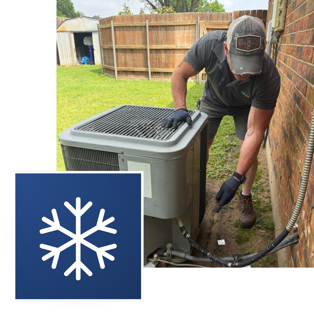 Homepage. HVAC technician inspecting the outdoor AC unit, ensuring optimal performance and efficiency. Air conditioning maintenance in Lewisville, TX.