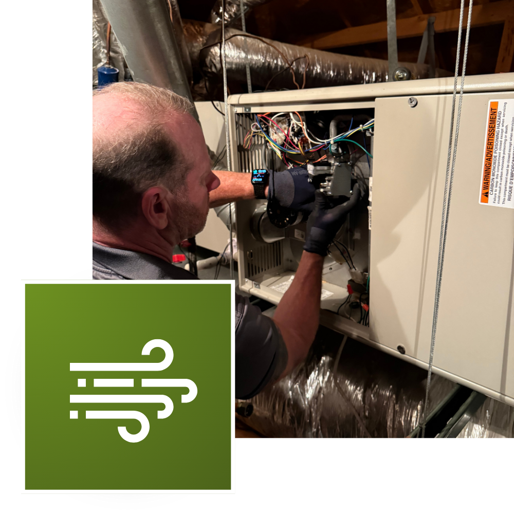 HVAC technician repairing a furnace on a Homepage, ensuring optimal heating and cooling in Lewisville, TX, for home comfort and efficiency.