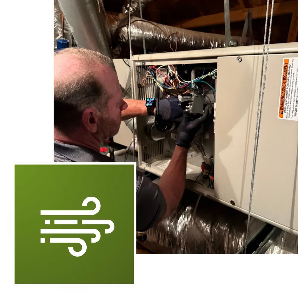 HVAC technician repairing a furnace on a Homepage, ensuring optimal heating and cooling in Lewisville, TX, for home comfort and efficiency.