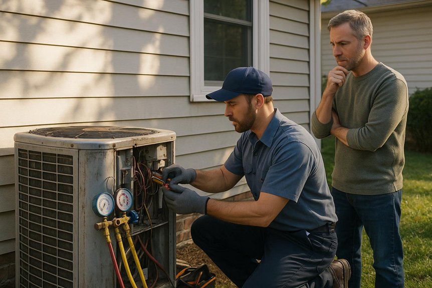 HVAC technician repairing air conditioner for homeowner in Lewisville, TX, deciding whether to repair or replace the AC unit. AC Repair