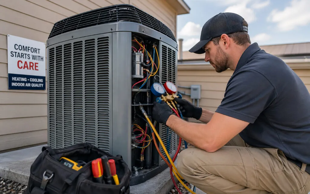 HVAC technician servicing an AC unit in Lewisville, TX, ensuring optimal heating, cooling, and indoor air quality for home comfort. 123 chars
