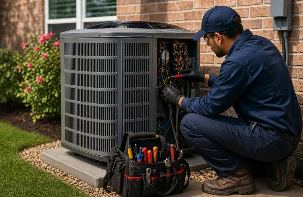 HVAC technician repairing an air conditioning unit, emphasizing the importance of HVAC services in Lewisville, TX. Quality AC repair matters!