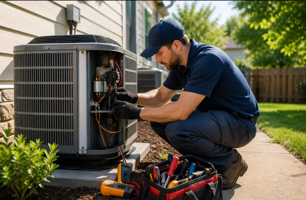 HVAC technician repairing an air conditioning unit. Expert HVAC services ensure your system runs efficiently. Air conditioning repair in Lewisville, TX.