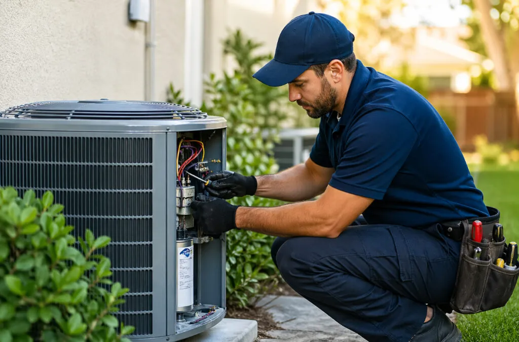 HVAC technician in Lewisville, TX, performing maintenance on an air conditioner unit, ensuring optimal HVAC services for home comfort.