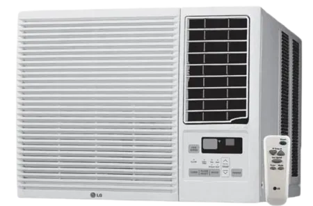 LG Window Air Conditioner unit shown with remote control. This is a typical AC unit for cooling a single room or small space for comfort.