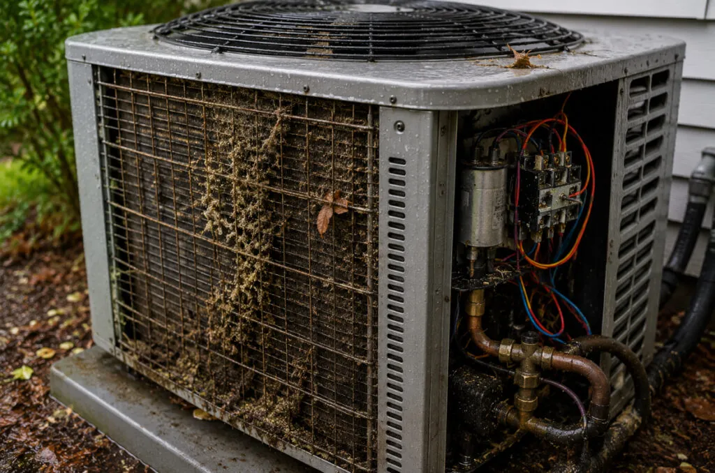 Close-up of a dirty exterior HVAC condenser unit in Lewisville, TX with clogged metal fins needing maintenance before summer