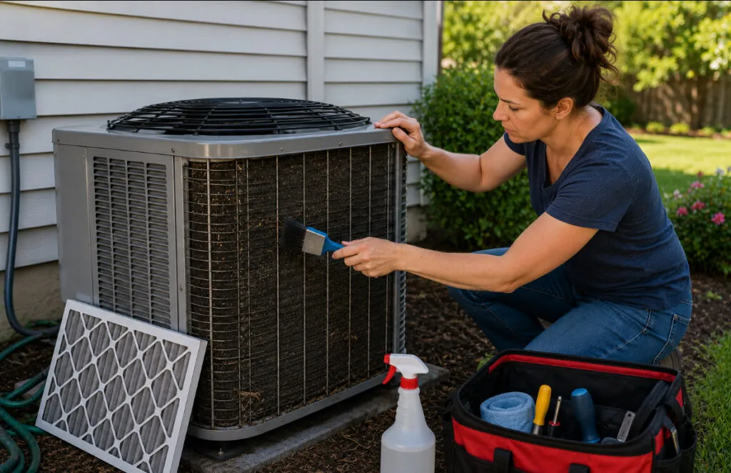 Woman uses a hand brush to clean debris from the metal fins of an outdoor HVAC unit to prepare for summer in Lewisville, TX.