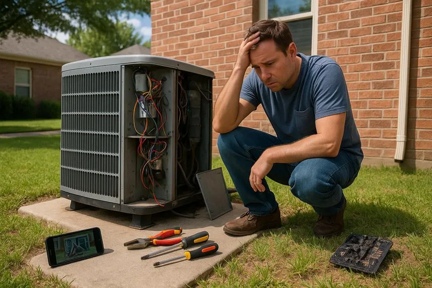Man crouching beside a metal air conditioning unit in Lewisville, TX, looking stressed while attempting a complex DIY repair.