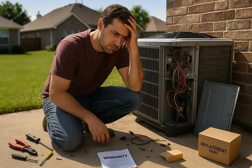 Frustrated homeowner in Lewisville, TX struggling with a complex DIY AC repair, surrounded by tools and a voided warranty paper.