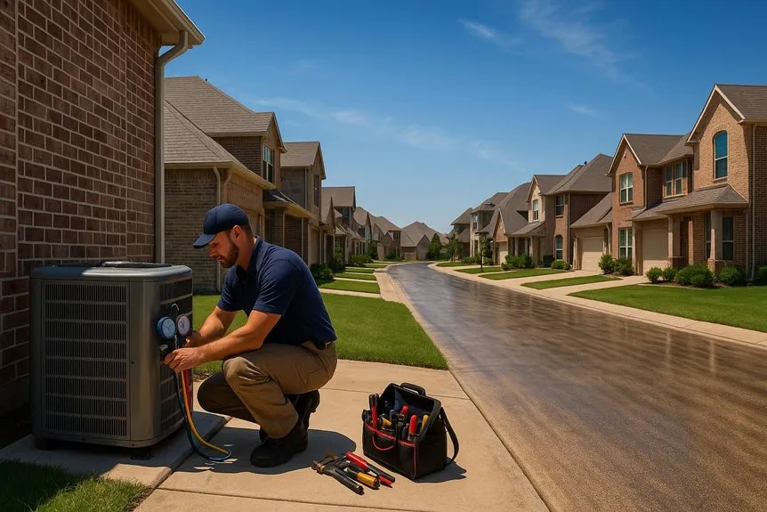Technician inspecting an AC unit blowing warm air outside a North Texas home to help with troubleshooting cooling problems.