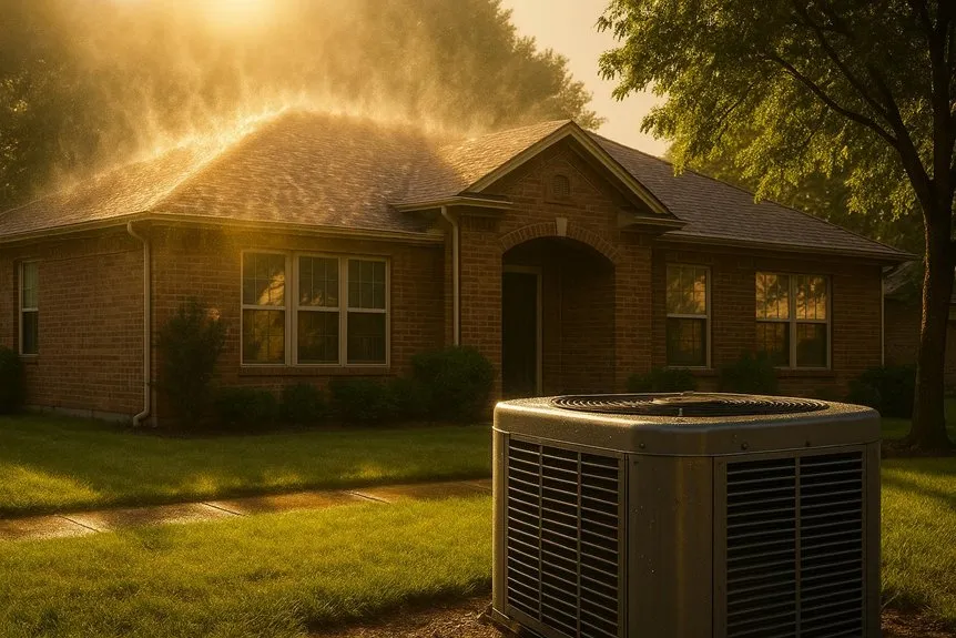 Exterior residential HVAC unit sitting on a lawn in Lewisville, TX during the golden hour with mist rising from the roof shingles