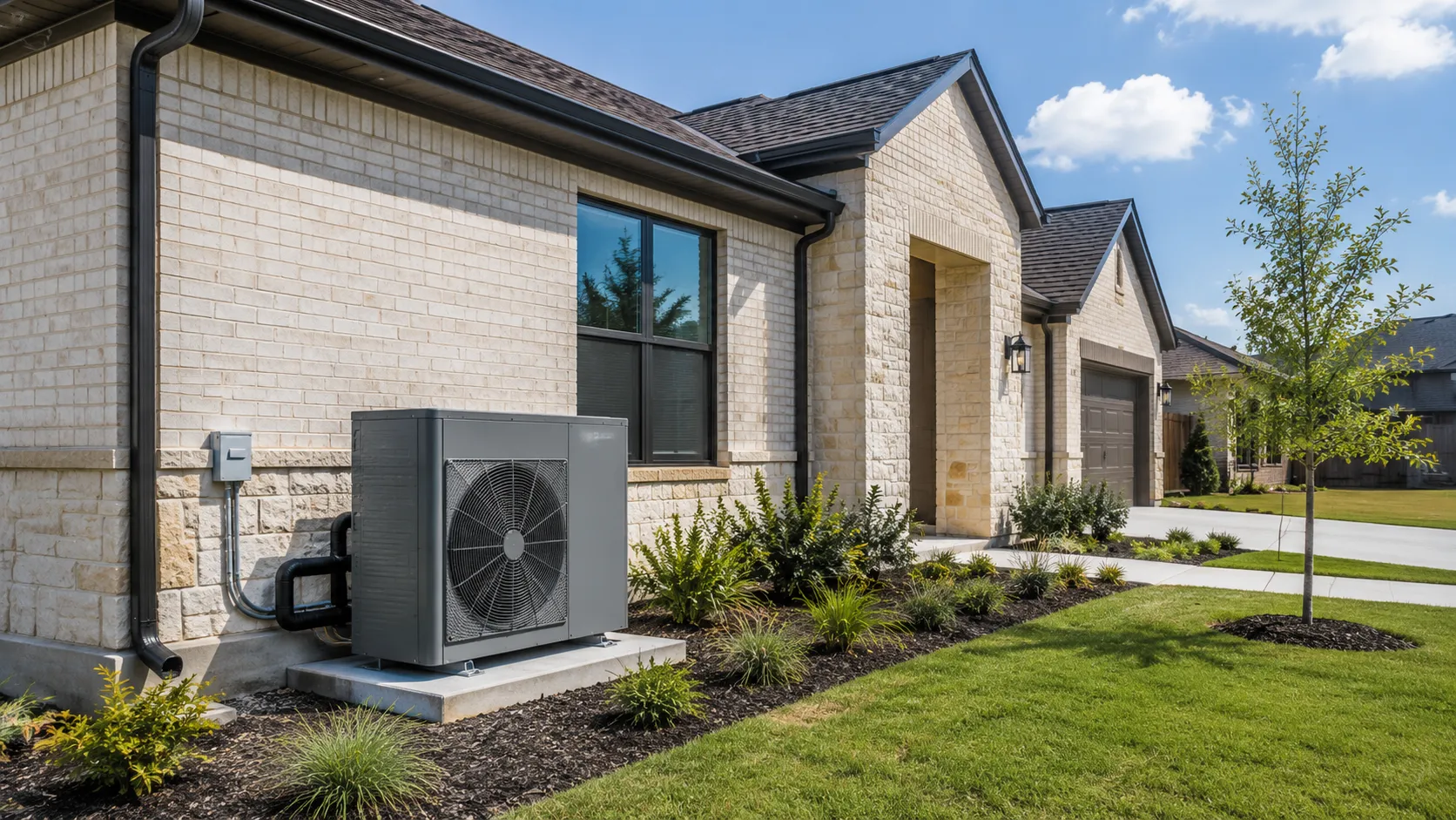 Heat pump outdoor unit beside a brick home